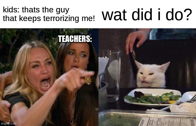 Woman Yelling At Cat | kids: thats the guy that keeps terrorizing me! wat did i do? TEACHERS: | image tagged in memes,woman yelling at cat | made w/ Imgflip meme maker
