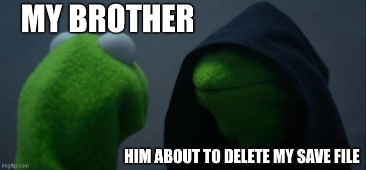 relatable | MY BROTHER; HIM ABOUT TO DELETE MY SAVE FILE | image tagged in memes,evil kermit | made w/ Imgflip meme maker
