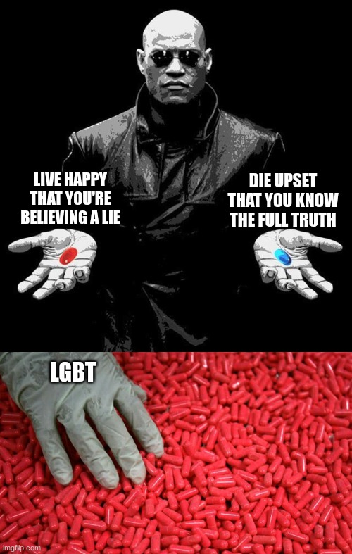 DIE UPSET THAT YOU KNOW THE FULL TRUTH; LIVE HAPPY THAT YOU'RE BELIEVING A LIE; LGBT | image tagged in morpheus pills,blue or red pill | made w/ Imgflip meme maker