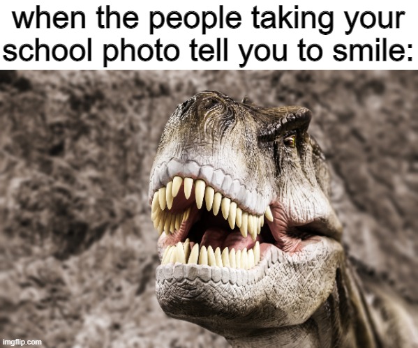 when the people taking your school photo tell you to smile: | image tagged in t rex,memes,funny | made w/ Imgflip meme maker