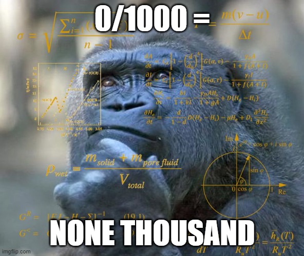 Thinking Math Ape | 0/1000 =; NONE THOUSAND | image tagged in thinking math ape | made w/ Imgflip meme maker