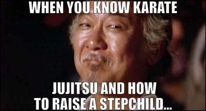 TEACH THE KIDS MMA | WHEN YOU KNOW KARATE; JUJITSU AND HOW TO RAISE A STEPCHILD... | image tagged in mr miyagi smiling,meme | made w/ Imgflip meme maker