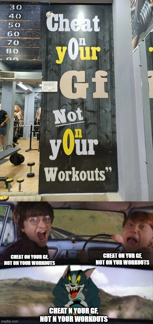 CHEAT ON YUR GF, NOT ON YUR WORKOUTS; CHEAT ON YOUR GF, NOT ON YOUR WORKOUTS; CHEAT N YOUR GF, NOT N YOUR WORKOUTS | image tagged in tom chasing harry and ron weasly,you had one job,memes,funny | made w/ Imgflip meme maker