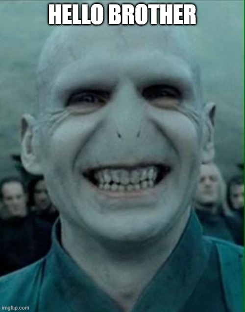 Moldy Voldy | HELLO BROTHER | image tagged in voldemort grin,dragonz | made w/ Imgflip meme maker