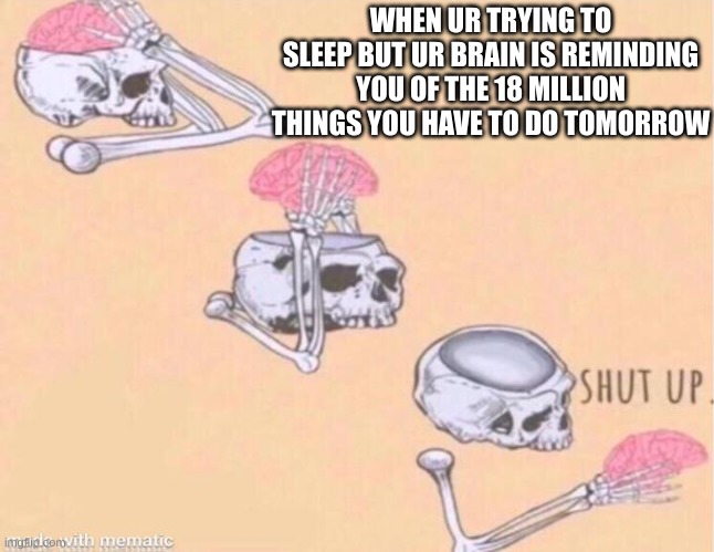 Too Real | WHEN UR TRYING TO SLEEP BUT UR BRAIN IS REMINDING YOU OF THE 18 MILLION THINGS YOU HAVE TO DO TOMORROW | image tagged in skeleton shut up meme | made w/ Imgflip meme maker