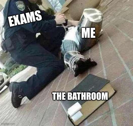 "YOU SHOULDA WENT BEFORE CL-" shut. | ME; EXAMS; THE BATHROOM | image tagged in arrested crusader reaching for book,arrested,exams,funny memes,dank memes | made w/ Imgflip meme maker