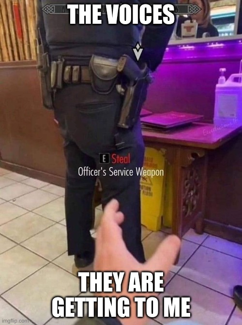 "sir what are you.. SIR WH- TASER TASER!" | THE VOICES; THEY ARE GETTING TO ME | image tagged in guns,stealing,cop,pig,sus,taser | made w/ Imgflip meme maker