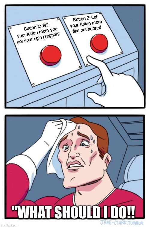 Two choices | Botton 2: Let your Asian mom find out herself; Button 1: Tell your Asian mom you got some girl pregnant; "WHAT SHOULD I DO!! | image tagged in memes,two buttons | made w/ Imgflip meme maker