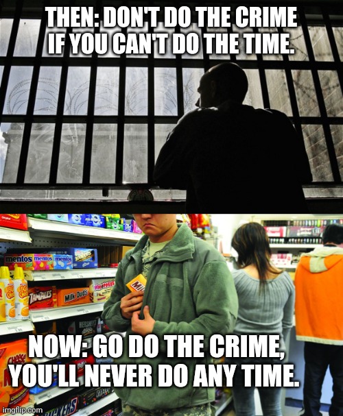 THEN: DON'T DO THE CRIME IF YOU CAN'T DO THE TIME. NOW: GO DO THE CRIME, YOU'LL NEVER DO ANY TIME. | image tagged in crime,wokeness,liberal logic | made w/ Imgflip meme maker