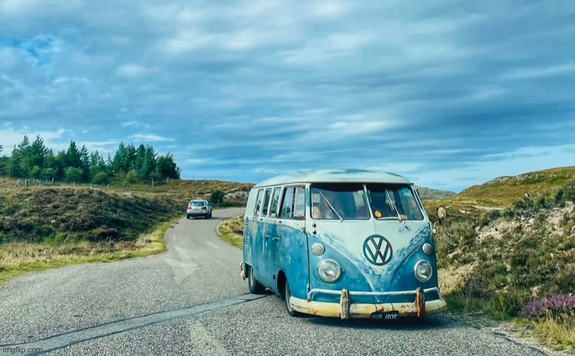 Scottish Highlands | image tagged in vw camper,scotland,highlands,colour of camper and sky,holiday,shareyourphotos | made w/ Imgflip meme maker