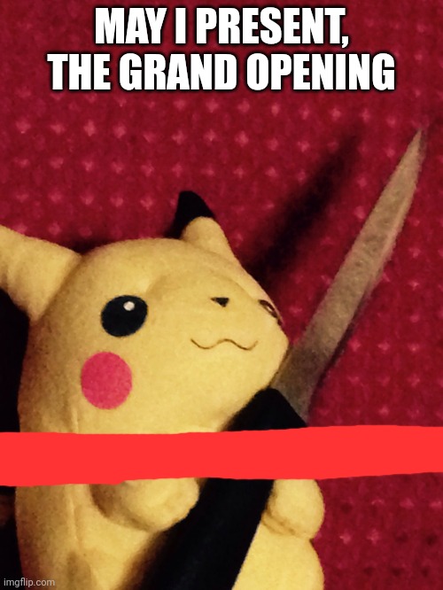 Yay | MAY I PRESENT, THE GRAND OPENING | image tagged in pikachu learned stab | made w/ Imgflip meme maker