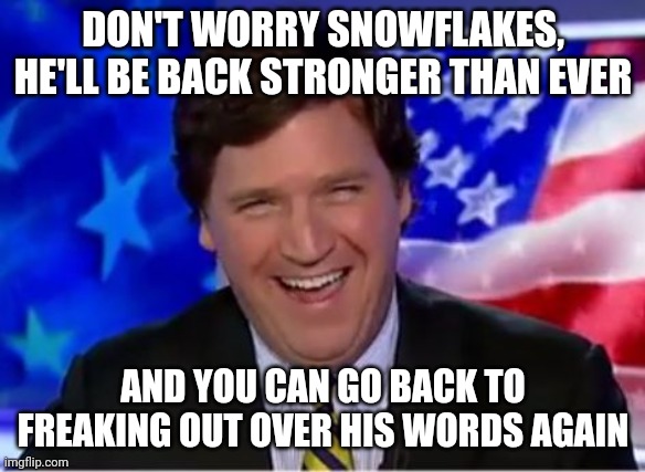 Have fun with your "victory parties." They'll be short-lived. | DON'T WORRY SNOWFLAKES, HE'LL BE BACK STRONGER THAN EVER; AND YOU CAN GO BACK TO FREAKING OUT OVER HIS WORDS AGAIN | image tagged in tucker carlson | made w/ Imgflip meme maker