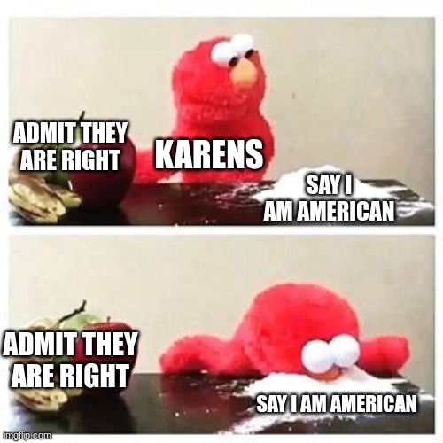 Karens | ADMIT THEY ARE RIGHT; KARENS; SAY I AM AMERICAN; ADMIT THEY ARE RIGHT; SAY I AM AMERICAN | image tagged in elmo cocaine | made w/ Imgflip meme maker