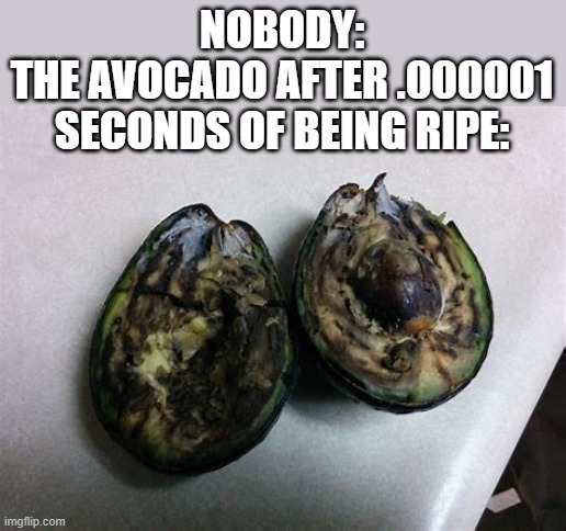*internal screaming* | NOBODY:
THE AVOCADO AFTER .000001 SECONDS OF BEING RIPE: | image tagged in rotting avocado,avocado,rotten,gross,bro,why | made w/ Imgflip meme maker