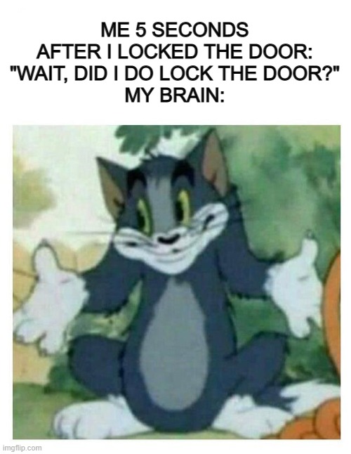 We can relate to this in SO MANY ways :1 | ME 5 SECONDS AFTER I LOCKED THE DOOR: "WAIT, DID I DO LOCK THE DOOR?"
MY BRAIN: | image tagged in idk tom template | made w/ Imgflip meme maker