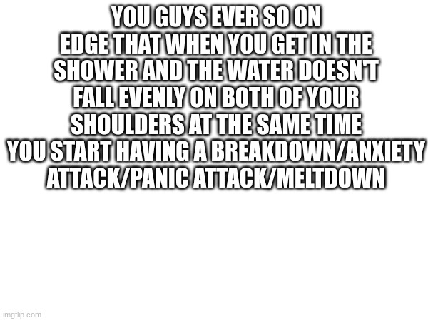 Indeed... | YOU GUYS EVER SO ON EDGE THAT WHEN YOU GET IN THE SHOWER AND THE WATER DOESN'T FALL EVENLY ON BOTH OF YOUR SHOULDERS AT THE SAME TIME YOU START HAVING A BREAKDOWN/ANXIETY ATTACK/PANIC ATTACK/MELTDOWN | image tagged in shower | made w/ Imgflip meme maker