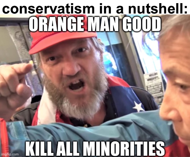 shit like this | conservatism in a nutshell:; ORANGE MAN GOOD; KILL ALL MINORITIES | image tagged in angry trump supporter | made w/ Imgflip meme maker