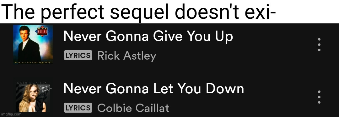 never gonna let you down | The perfect sequel doesn't exi- | image tagged in never gonna give you up,never gonna let you down,perfect,sequel,spotify,music | made w/ Imgflip meme maker
