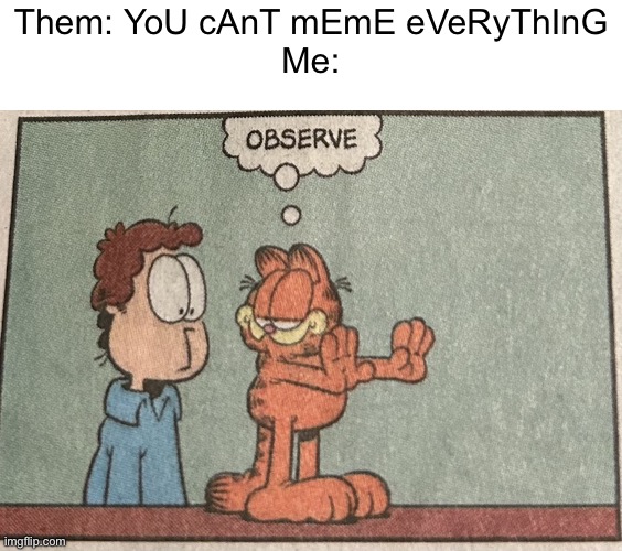 Garfield Observe | Them: YoU cAnT mEmE eVeRyThInG
Me: | image tagged in garfield observe | made w/ Imgflip meme maker