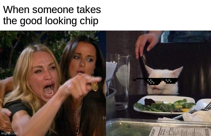 Woman Yelling At Cat Meme | When someone takes the good looking chip | image tagged in memes,woman yelling at cat | made w/ Imgflip meme maker