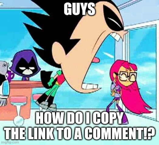 H O W | GUYS; HOW DO I COPY THE LINK TO A COMMENT!? | image tagged in robin yelling at starfire | made w/ Imgflip meme maker
