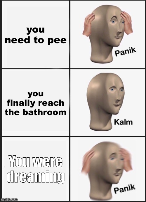 oops | you need to pee; you finally reach the bathroom; You were dreaming | image tagged in memes,panik kalm panik | made w/ Imgflip meme maker