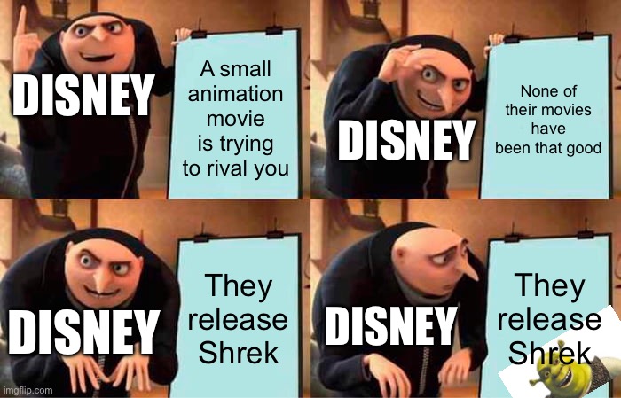 DREAMWORKS 4EVA!!!!!!!!!!!!!!!!!!!! | A small animation movie is trying to rival you; None of their movies have been that good; DISNEY; DISNEY; They release Shrek; They release Shrek; DISNEY; DISNEY | image tagged in memes,gru's plan | made w/ Imgflip meme maker