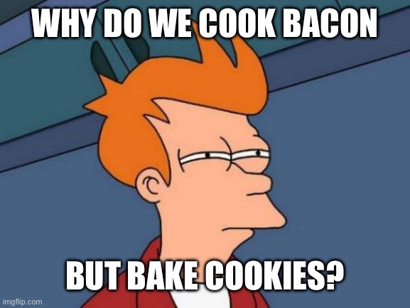 Futurama Fry Meme | WHY DO WE COOK BACON; BUT BAKE COOKIES? | image tagged in memes,futurama fry | made w/ Imgflip meme maker