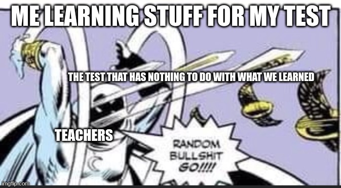 Random Bullshit Go | ME LEARNING STUFF FOR MY TEST; THE TEST THAT HAS NOTHING TO DO WITH WHAT WE LEARNED; TEACHERS | image tagged in random bullshit go | made w/ Imgflip meme maker