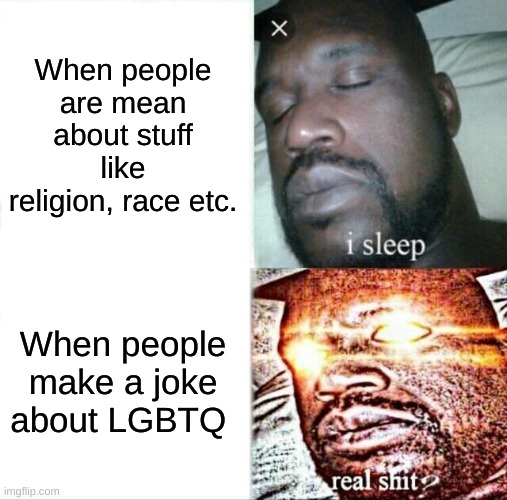 I'm not homophobic just saying like be for real rn | When people are mean about stuff like religion, race etc. When people make a joke about LGBTQ | image tagged in memes,sleeping shaq | made w/ Imgflip meme maker