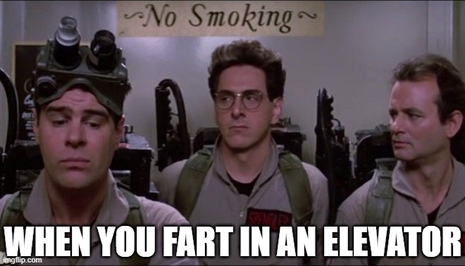 Plenty of Egg | WHEN YOU FART IN AN ELEVATOR | image tagged in fart,sbd,elevator,lift,ghostbusters,smelly | made w/ Imgflip meme maker