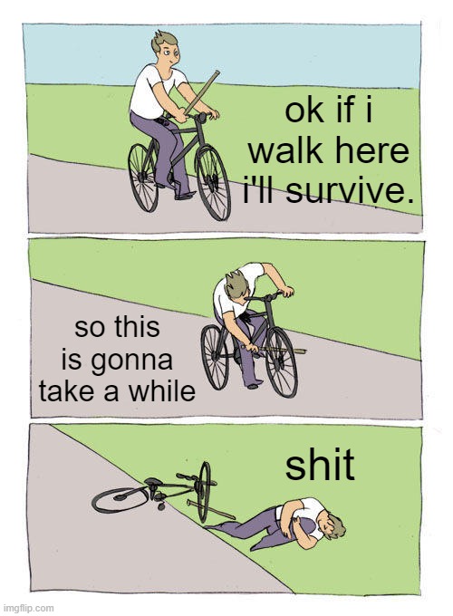 "stupid options in some games that still lead you to death" | ok if i walk here i'll survive. so this is gonna take a while; shit | image tagged in memes,bike fall | made w/ Imgflip meme maker