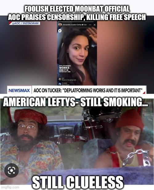 Clueless Dumbass Libs- Yep, You Voted For Them | FOOLISH ELECTED MOONBAT OFFICIAL AOC PRAISES CENSORSHIP, KILLING FREE SPEECH; AMERICAN LEFTYS- STILL SMOKING... STILL CLUELESS | image tagged in dumbass,libtards,you're fired,vote trump | made w/ Imgflip meme maker