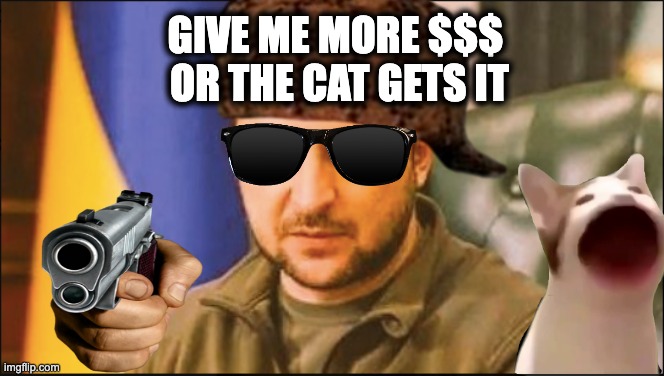 GIVE ME MORE $$$ 
OR THE CAT GETS IT | image tagged in memes,cats,zelenskiy,ukraine,us proxy-war,corruption | made w/ Imgflip meme maker