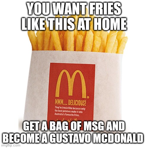 McDonald's | YOU WANT FRIES LIKE THIS AT HOME; GET A BAG OF MSG AND BECOME A GUSTAVO MCDONALD | image tagged in fast food | made w/ Imgflip meme maker