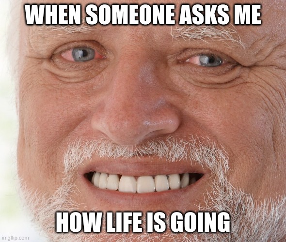School is doing this | WHEN SOMEONE ASKS ME; HOW LIFE IS GOING | image tagged in hide the pain harold | made w/ Imgflip meme maker