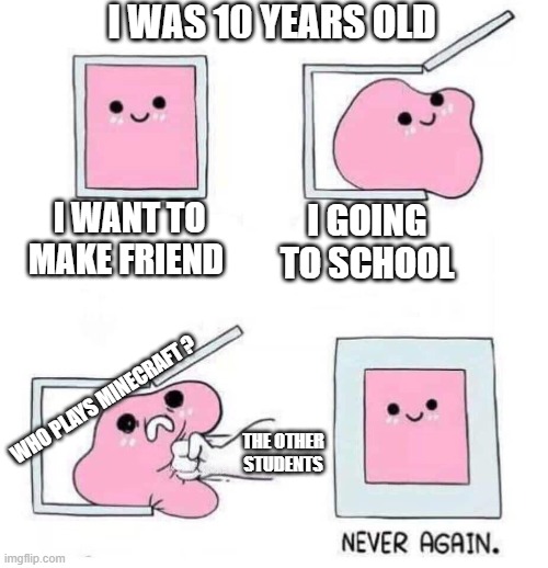 Always nice to other students | I WAS 10 YEARS OLD; I WANT TO MAKE FRIEND; I GOING TO SCHOOL; WHO PLAYS MINECRAFT ? THE OTHER STUDENTS | image tagged in never again,minecraft,school | made w/ Imgflip meme maker