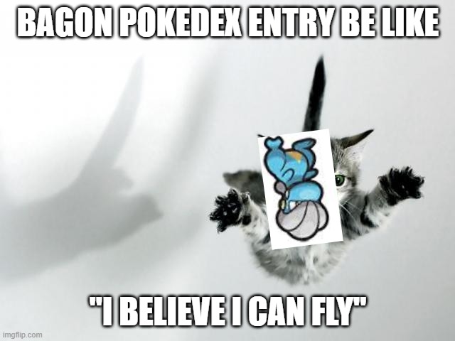 Bagon | BAGON POKEDEX ENTRY BE LIKE; "I BELIEVE I CAN FLY" | image tagged in i believe i can fly | made w/ Imgflip meme maker