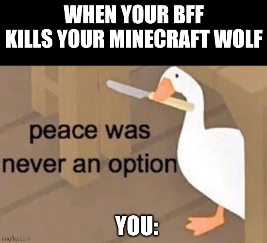 HNNNN WHAT TITLE | WHEN YOUR BFF KILLS YOUR MINECRAFT WOLF; YOU: | image tagged in peace was never an option,minecraft memes,wolf | made w/ Imgflip meme maker