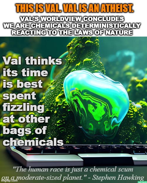 Bags of Chemicals Arguing on the Internet | THIS IS VAL. VAL IS AN ATHEIST. VAL'S WORLDVIEW CONCLUDES WE ARE CHEMICALS DETERMINISTICALLY REACTING TO THE LAWS OF NATURE; Val thinks
its time
is best 
spent
fizzling
at other
bags of
chemicals; "The human race is just a chemical scum on a moderate-sized planet." - Stephen Hawking | image tagged in bag of chemicals arguing on the internet,atheist,secular,godless,worldview,keyboard warriors | made w/ Imgflip meme maker