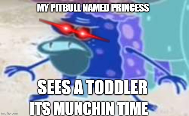 Spongegar Meme | MY PITBULL NAMED PRINCESS; SEES A TODDLER; ITS MUNCHIN TIME | image tagged in memes,spongegar | made w/ Imgflip meme maker
