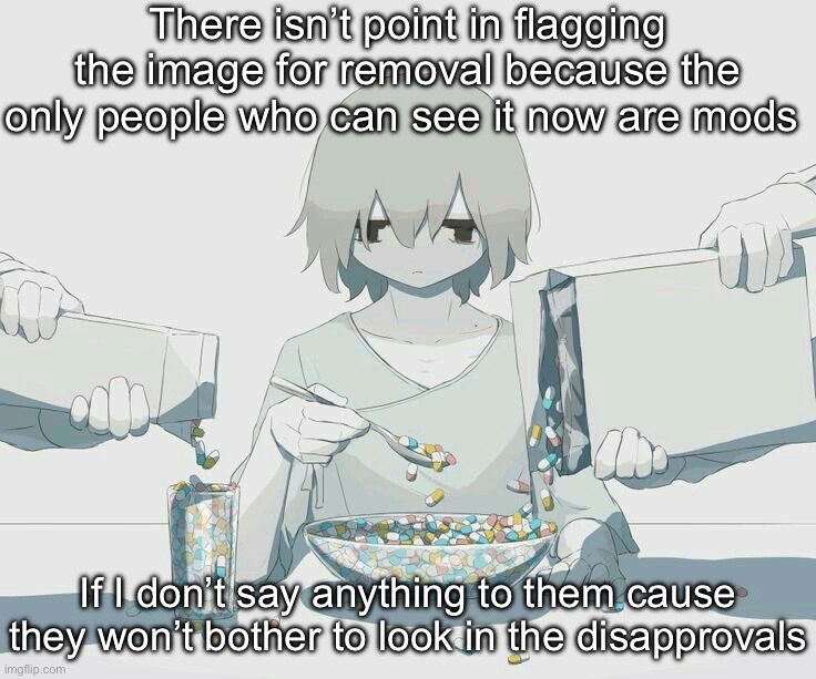 Avogado6 depression | There isn’t point in flagging the image for removal because the only people who can see it now are mods; If I don’t say anything to them cause they won’t bother to look in the disapprovals | image tagged in avogado6 depression | made w/ Imgflip meme maker