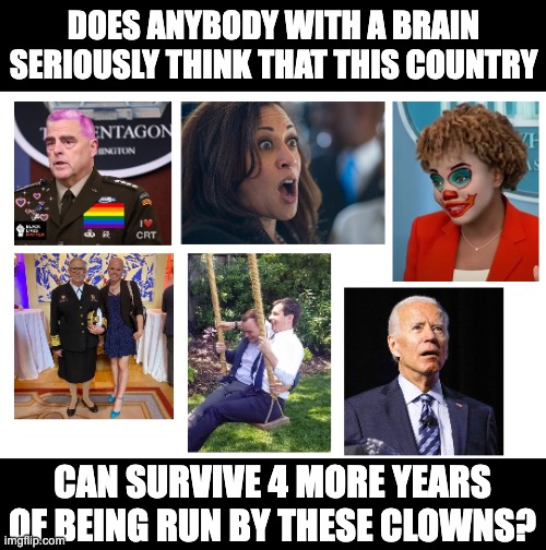 Clowns | DOES ANYBODY WITH A BRAIN SERIOUSLY THINK THAT THIS COUNTRY; CAN SURVIVE 4 MORE YEARS OF BEING RUN BY THESE CLOWNS? | image tagged in biden | made w/ Imgflip meme maker