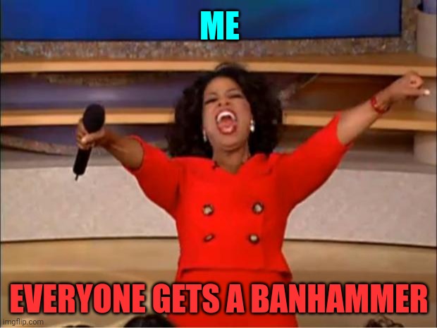 Oprah You Get A Meme | ME EVERYONE GETS A BANHAMMER | image tagged in memes,oprah you get a | made w/ Imgflip meme maker