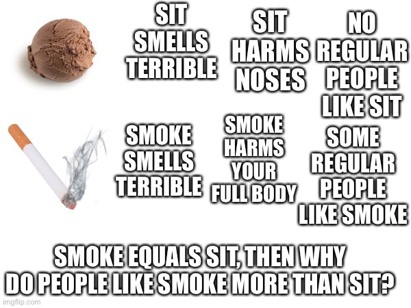 HOW IS THIS HAPPENING(don’t be toxic in the comments) | SIT HARMS NOSES; NO REGULAR PEOPLE LIKE SIT; SIT SMELLS TERRIBLE; SMOKE HARMS YOUR FULL BODY; SOME REGULAR PEOPLE LIKE SMOKE; SMOKE SMELLS TERRIBLE; SMOKE EQUALS SIT, THEN WHY DO PEOPLE LIKE SMOKE MORE THAN SIT? | image tagged in smoke sucks | made w/ Imgflip meme maker