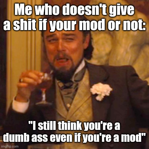 Ha,ha,ha........ I don't really care at this point, part 2 is coming out! | Me who doesn't give a shit if your mod or not:; "I still think you're a dumb ass even if you're a mod" | image tagged in memes,laughing leo | made w/ Imgflip meme maker