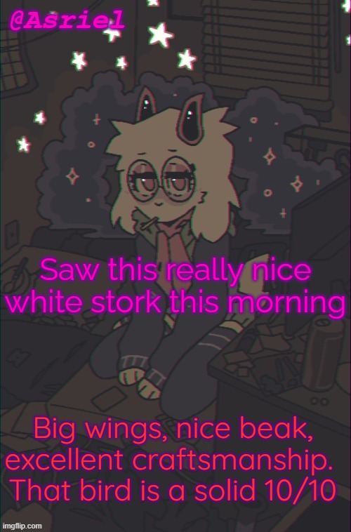nature | Saw this really nice white stork this morning; Big wings, nice beak, excellent craftsmanship. 
That bird is a solid 10/10 | image tagged in another asriel temp | made w/ Imgflip meme maker