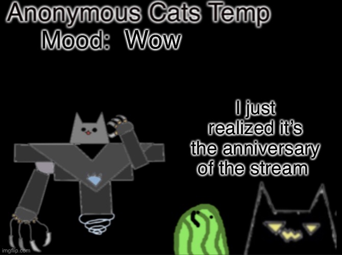 I’m not crazy, right? | Wow; I just realized it’s the anniversary of the stream | image tagged in anonymous_cats temp | made w/ Imgflip meme maker