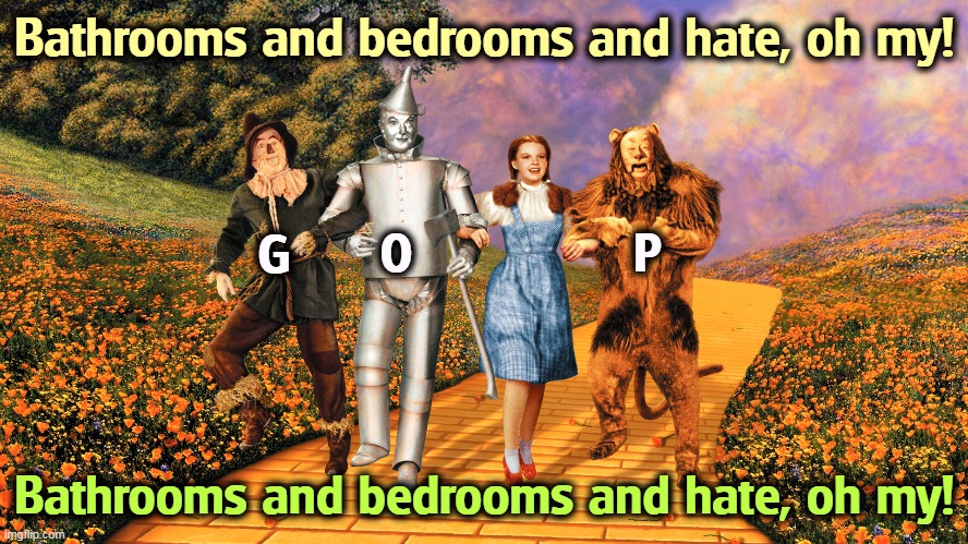 The Republican Campaign Users Manual | Bathrooms and bedrooms and hate, oh my! O; P; G; Bathrooms and bedrooms and hate, oh my! | image tagged in wizard of oz,bathrooms,bedrooms,hate,republican,campaign | made w/ Imgflip meme maker