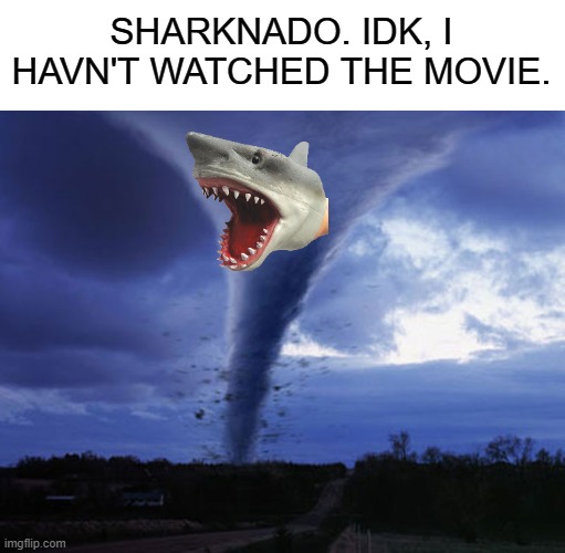 Jaws, but it's Kansas. | SHARKNADO. IDK, I HAVN'T WATCHED THE MOVIE. | image tagged in tornado,shark | made w/ Imgflip meme maker